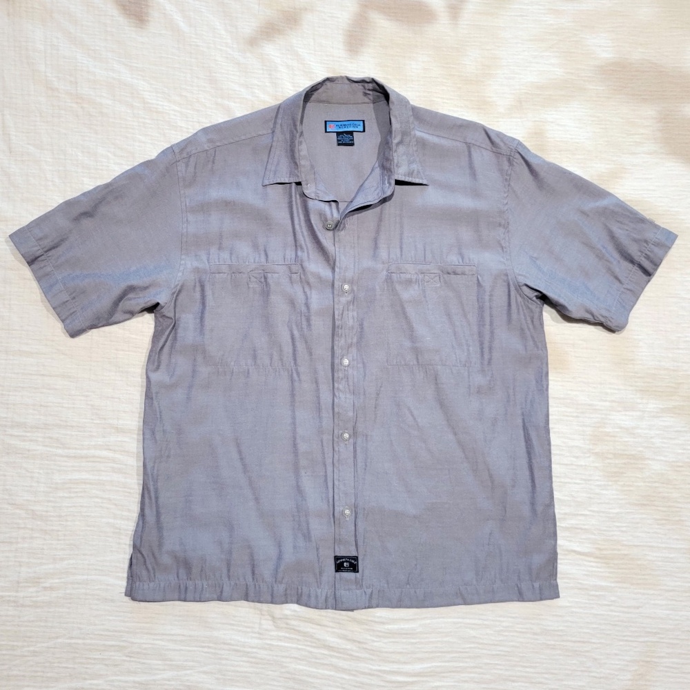 Kenneth Cole Reaction Vintage Button Short Sleeve Gray Silky Shirt Men Lg/Med